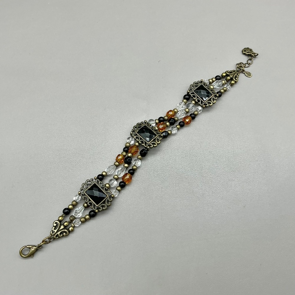 Premier Designs Bracelet Women Black Amber Beaded Multi Strand Vintage Bronze